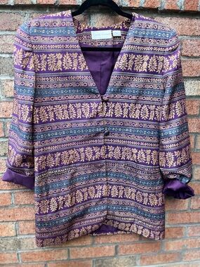 Vintage 80’s Casual Corner 100% Silk Purple and Gold Patterned Blazer Size 10
